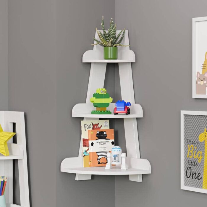 25.75 in. H White MDF Kids 3-Tier Corner Shelf Display Stand for Playrooms